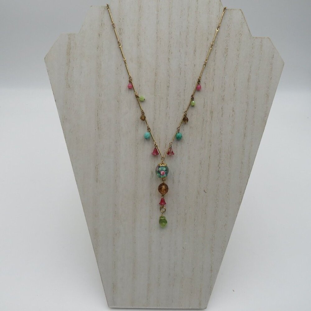 Cookie Lee Necklace Wedding Cake Style Glass Bead 16" Y Chain Blue Pink Rose